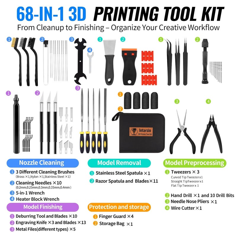 Intarsio 68Pcs 3D Printer Tools Kit with Storage Case, 3D Printer Accessories - Deburring Tool, 3D Printer Removing Scrapers, Metal Files, Brushes, Hand Drill, Tweezers, for Bambu Lab, Ender 3, Kobra, etc. - Image 2
